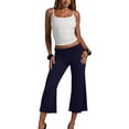 thumbnail image 4 of Women Fold Over Gaucho Pants Wide Leg Low Rise Flowy Capri Yoga Lounge Cropped Flare Bottoms Navy 3XL, 4 of 6