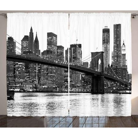New York Giants Drapes - Modern Curtains 2 Panels Set, Brooklyn Bridge Sunset with Manhattan American New York City Famous Town Image, Window Drapes for Living Room Bedroom, 108W X 63L Inches, Black and White, by Ambesonne