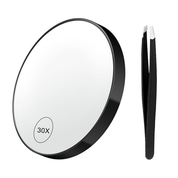 Round 30X Magnifying Mirror, 3.5 Inch Magnified Mirror with 2 Suction Cups, Compact Magnifying Mirror and Tweezers, 30X Magnification Travel Makeup Kit for Shaving,Blackhead Blemish Removal