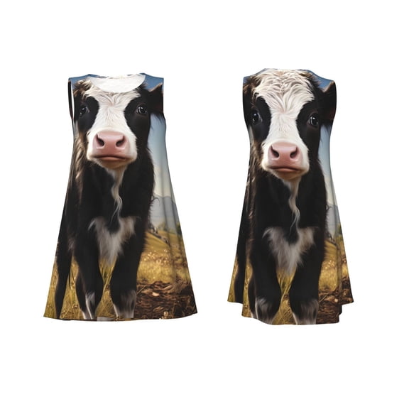 Horeoi Cute Prairie Cow Print Women's Sleeveless Dress Cotton-like Flared Hem Deep Side Pockets Above-Knee