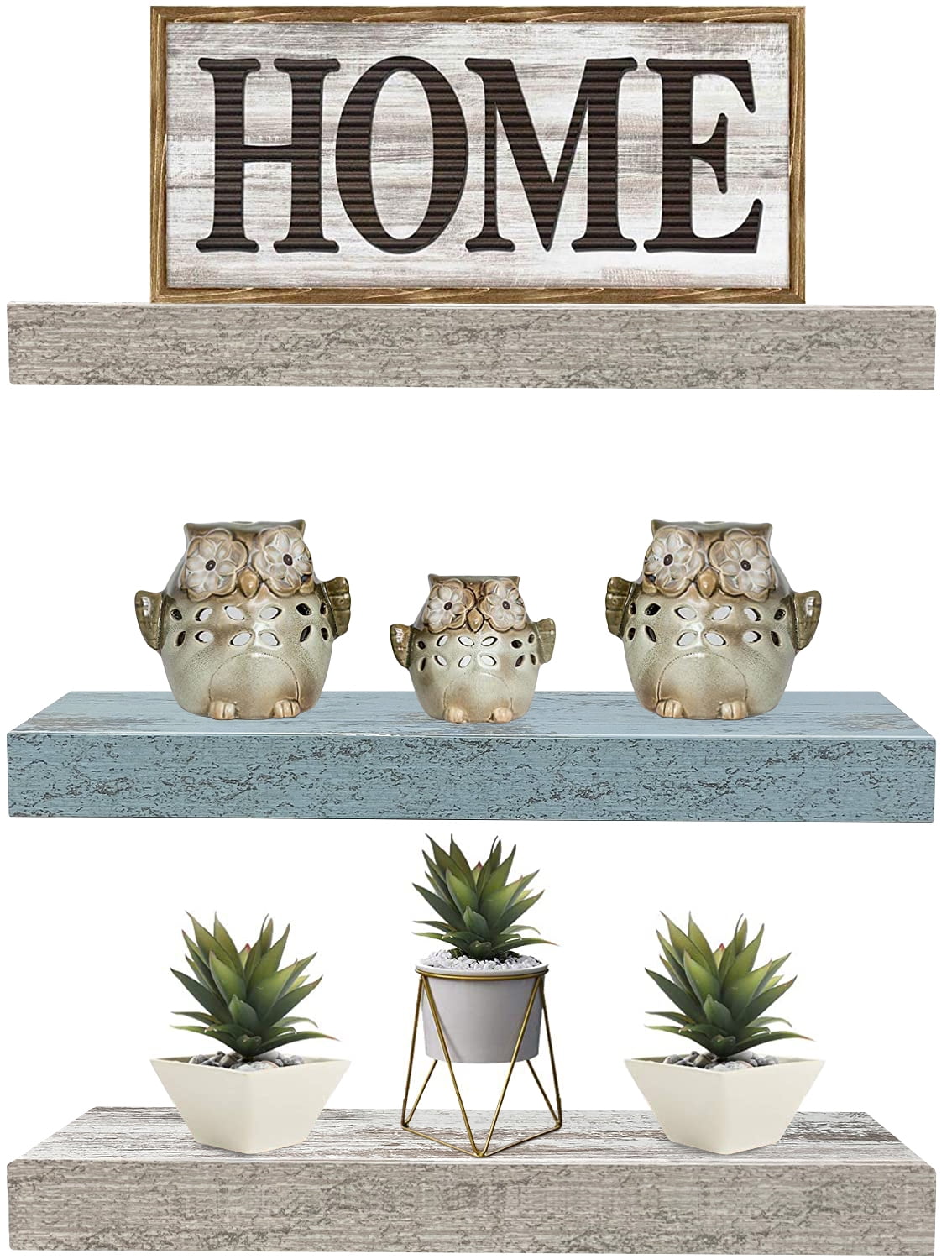 Sorbus 16.25" Blue White Rustic Floating Shelves (Set of 3) – Wall Storage for Décor, Frames, Trophies