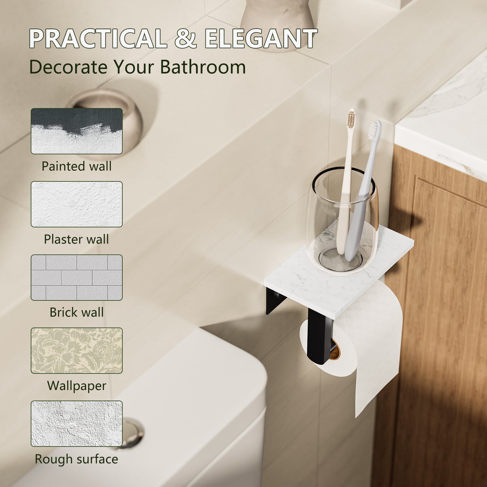 Wall Mount Toilet Paper Holder With Natural Marble Shelf Tissue Storage Holder In Matte Black