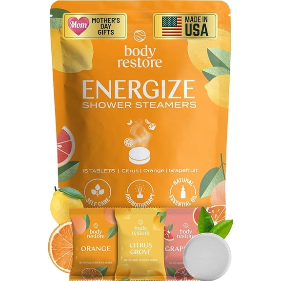 Body Restore Energize Shower Steamers Aromatherapy 15 Count – Orange, Citrus Grove & Grapefruit, Long Lasting, Individually Wrapped, Spa Stress Relief Self Care Gift for Women and Men