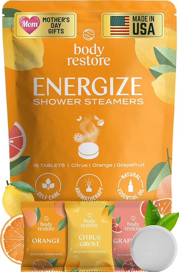 Body Restore Energize Shower Steamers Aromatherapy 15 Count – Orange, Citrus Grove & Grapefruit, Long Lasting, Individually Wrapped, Spa Stress Relief Self Care Gift for Women and Men