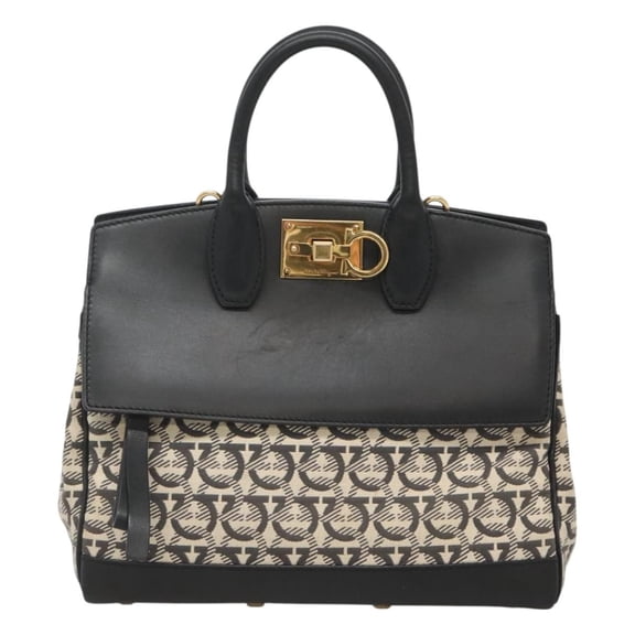 Pre-Owned Salvatore Ferragamo Studio Satchel Gancini Jacquard And Leather Black Canvas Bag