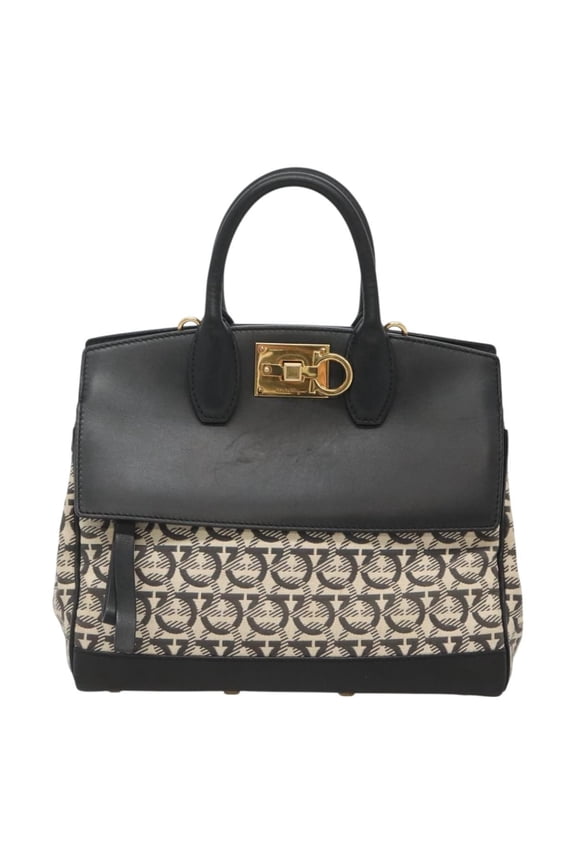 Pre-Owned Salvatore Ferragamo Studio Satchel Gancini Jacquard And Leather Black Canvas Bag