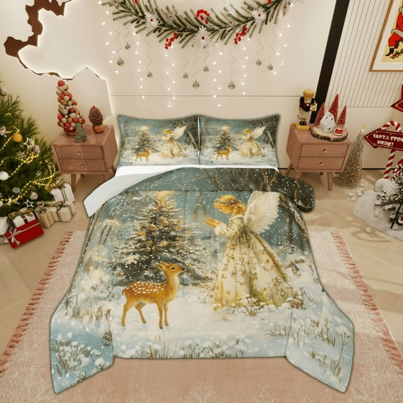 Feelyou Vintage Fairy Elf Bedding Comforter Set for Kids, Christmas Reindeer Twin Comforter Sets, Princess Reversible Bedding Set, , Lightweight Room Decor, 2-Piece