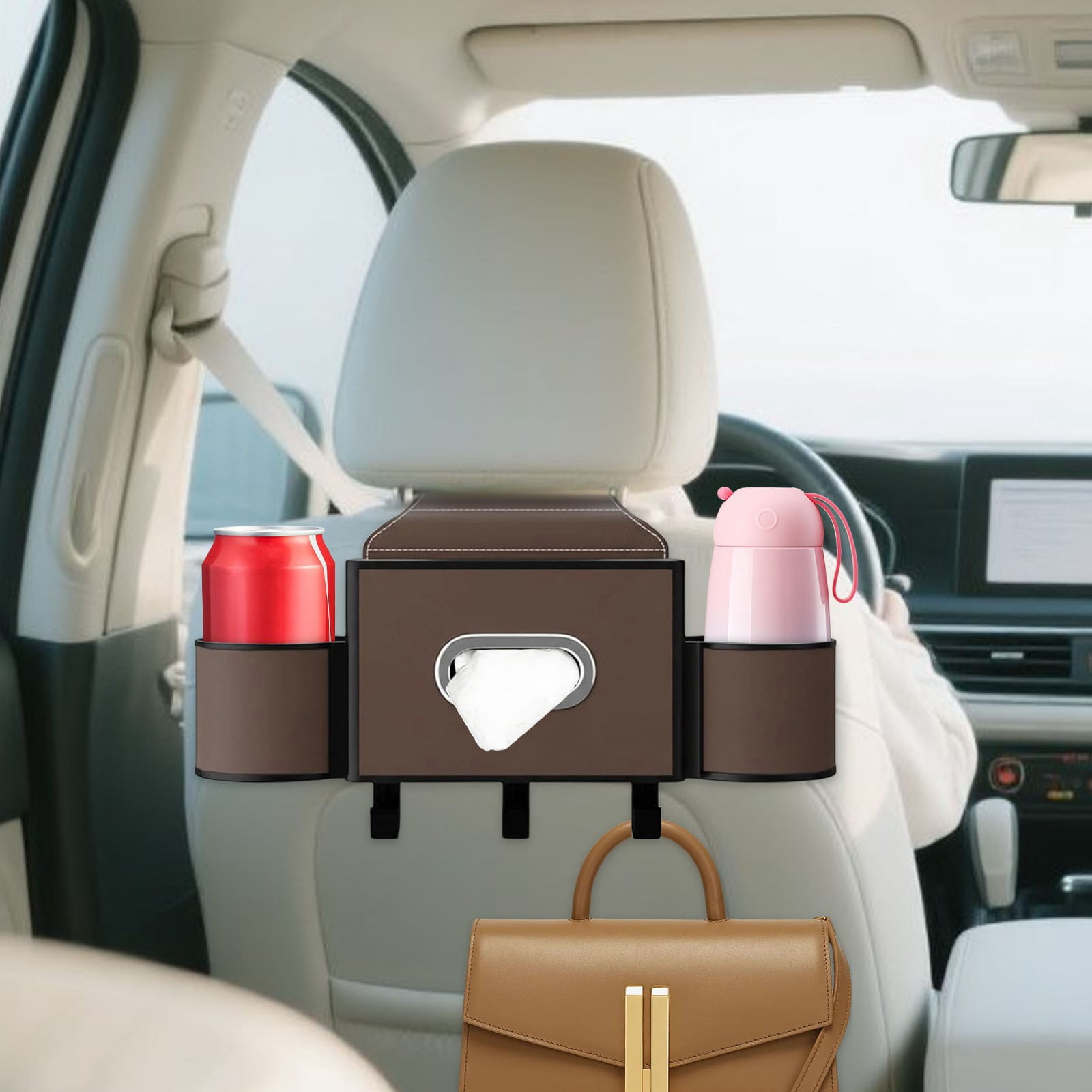 COM1950s Car Seat Organizer with Cup Holders, Backseat Storage Multi-Function Pocket for Tissues, Adjustable Straps for SUV and Vehicle Interior Accessories