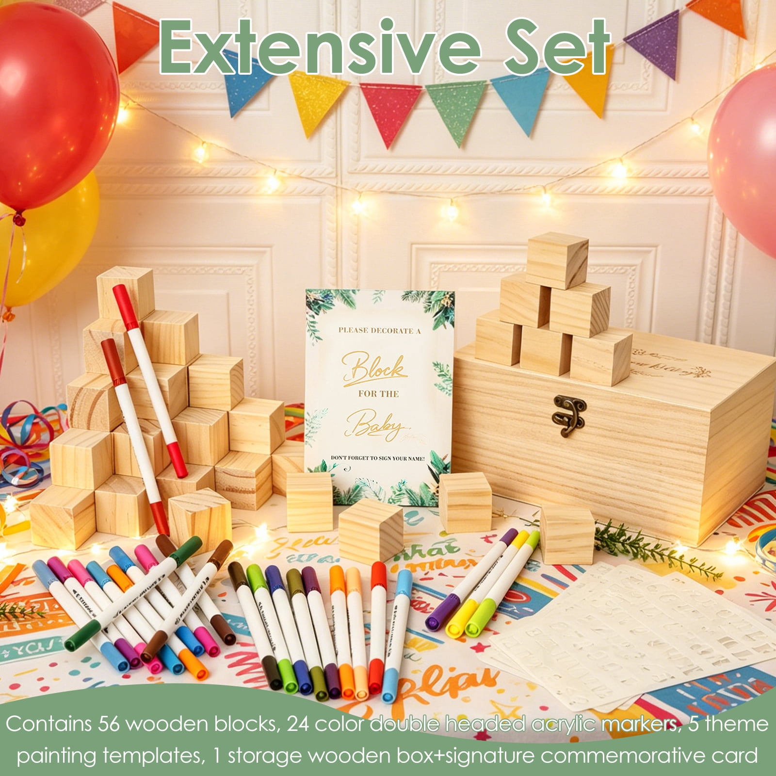 Threns 85Pcs Baby Shower Games Sign Kit, Baby Shower Blocks Game Set with Wooden Box, Acrylic Markers, Wooden Sign for Baby Shower Games, Gender Reveal and Decorations (GreenLeaves)