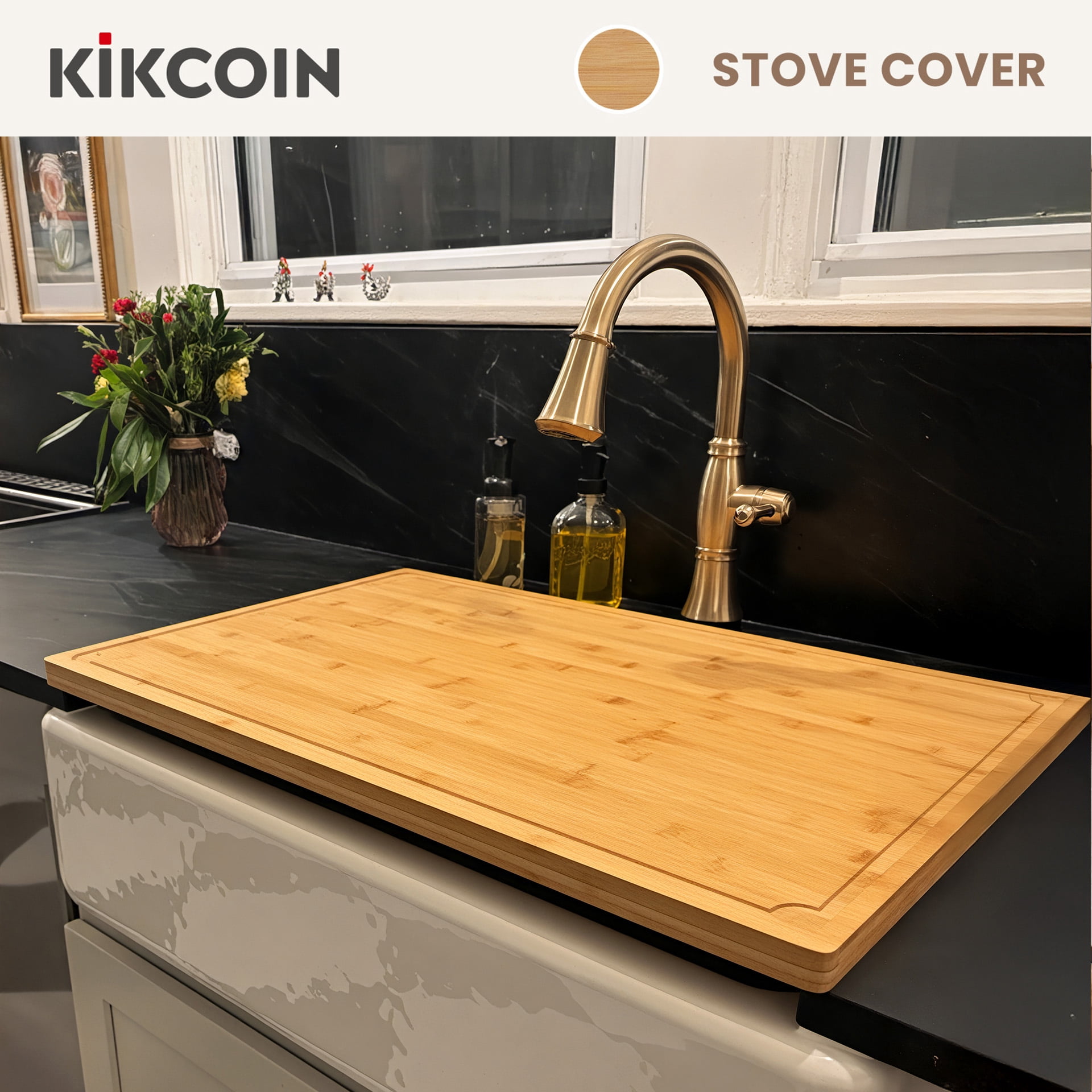 Kikcoin Extra Large Cutting Board, 30-inch Bamboo Stove Top Cover, Noodle Board with Side Handles, Reversible Kitchen Countertop Sink Cover