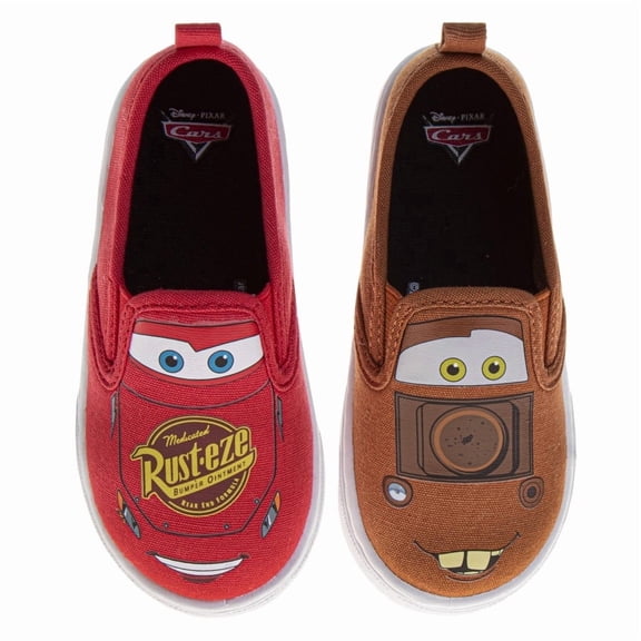 Disney Pixar Cars Boys Mismatched Slip On Canvas Sneakers Featuring Lightning McQueen (Little Kid), Red brown, Size: 12