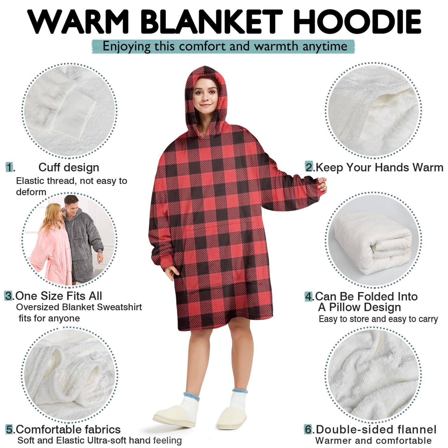 Red and White Checkered Pattern Wearable Oversized Blanket,Wearable Blanket Hoodie for Adults,Cozy Hooded Blankets with Super Pockets,Super Warm Fuzzy Pullover for Women & Men