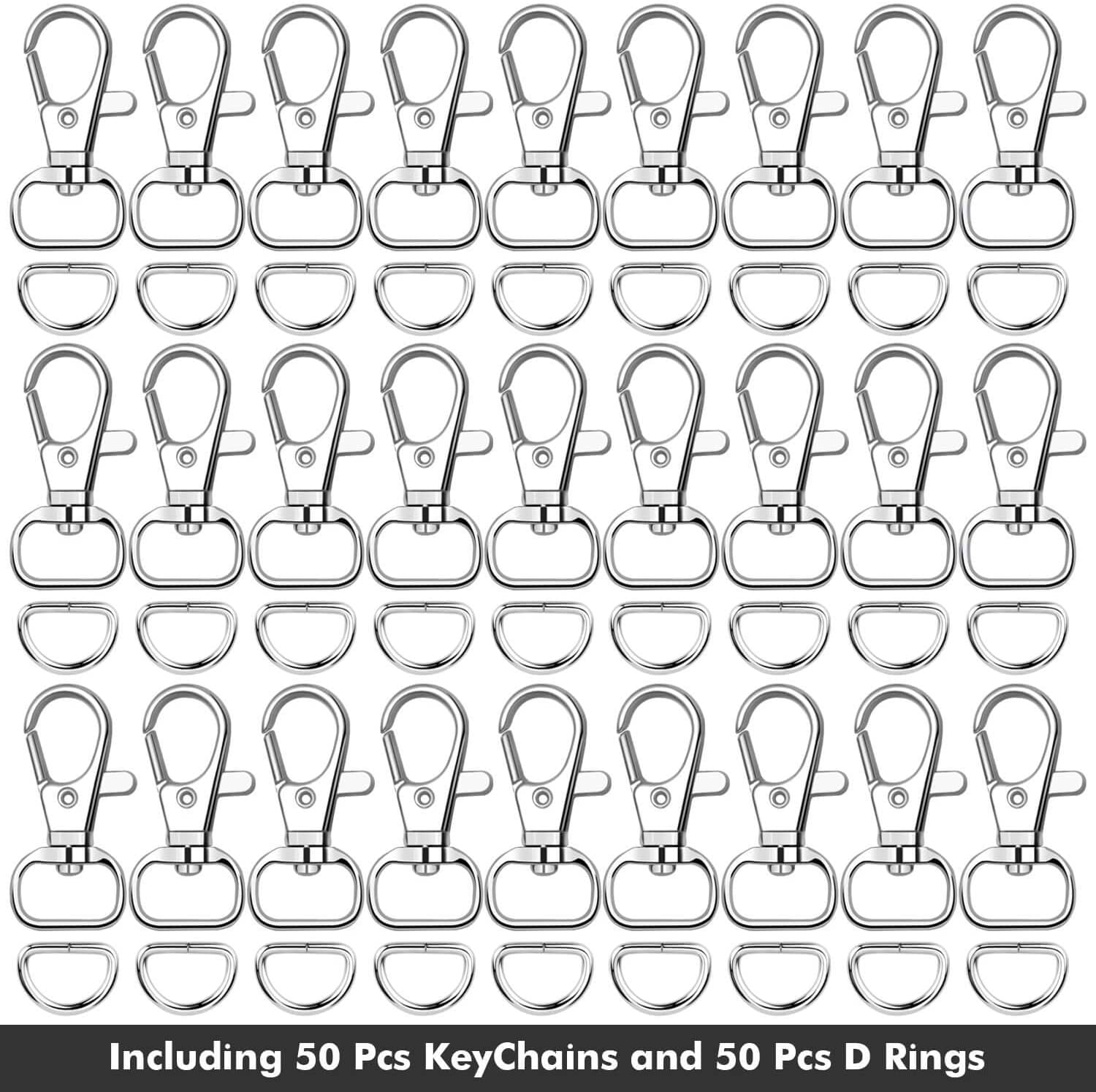 100pcs Key Chain Clip H and D Rings Set Include 50Pcs Swivel Snap H s Lanyard Clips and 50Pcs D Rings for Keychain and Purse Hardware (1/2” Inside Width)
