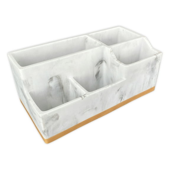 Bathroom Toothbrush Holder, Countertop Organizer, 5 Slots Bathroom Accessory Storage for Electric Toothbrush/Toothpaste/Shaver and Other Items, Cosmetic Organizer, Polyresin Marble. (White/Bamboo)