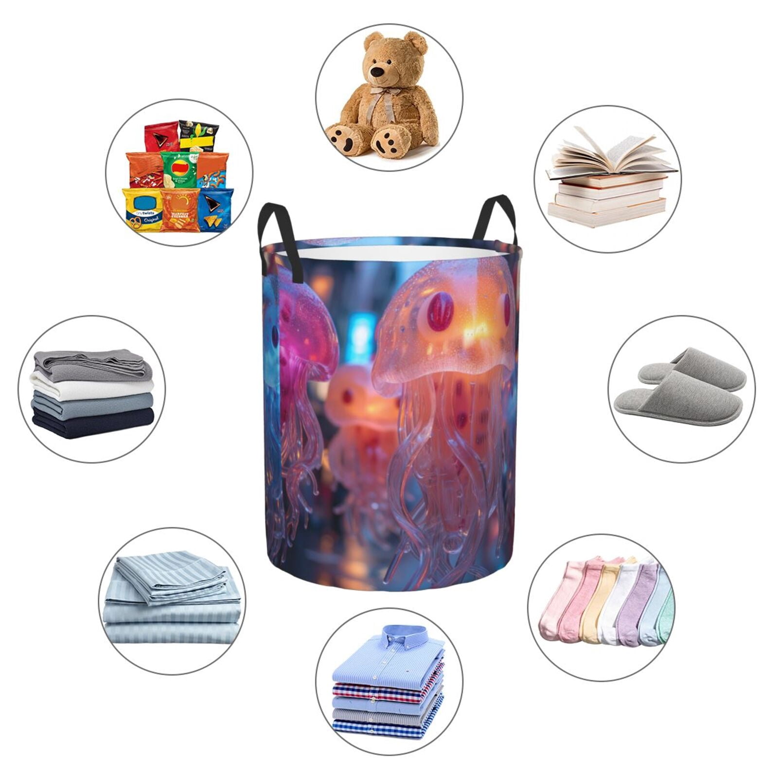 Large Laundry Basket with Handles - Cute Jellyfish Lights print Kids Baby Dirty Clothes Laundry Hamper for Bedroom Aesthetic