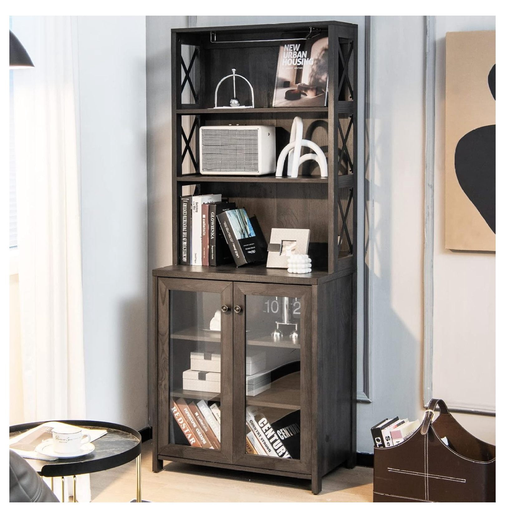 Kitchen Pantry Storage Cabinet, Farmhouse Buffet Hutch with Stemware Rack, Microwave Countertop & Tempered Glass Doors, 67.5" Freestanding Kitchen Hutch with Adjustable Shelf