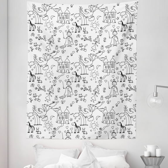 Cartoon Tapestry, Hand Drawn Doodle Theme Joyful Landscape, Fabric Wall Hanging Decor for Bedroom Living Room Dorm, 5 Sizes, White Black, by Ambesonne