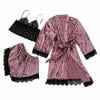 

BIZIZA Women Pajama Sets Cami Crop Top 3 Piece Lace V-Neck Shorts Robe Solid Color Sleepwear Underwear Lingerie Pink XXL