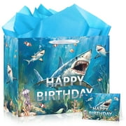 Shark Birthday Gift PresNok Bag for Boys Kids Under Gift Bag with Tissue Paper and Greeting Card Shark Birthday Wrapping Paper Shark Birthday Gift Wrap for Shark Birthday Party Decor Supplies