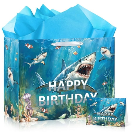 Shark Birthday Gift PresNok Bag for Boys Kids Under Gift Bag with Tissue Paper and Greeting Card Shark Birthday Wrapping Paper Shark Birthday Gift Wrap for Shark Birthday Party Decor Supplies