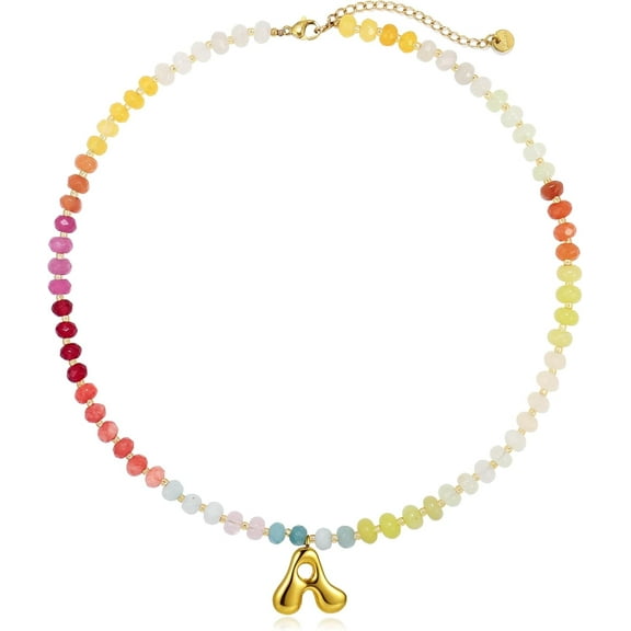 Initials A-Z Colourful Beaded Gemstone Women's Necklace Gold-plated Alphabet Pendant Necklace Natural Stone Summer Beach Handmade Jewelry Trendy Necklace