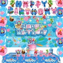 132pcs Cartoon Stitch party supplies include banners, plates, cups, balloons, hanging swirls, backdrops, cake toppers, tablecloths, etc. Stitch birthday theme party decorations for boys and girls