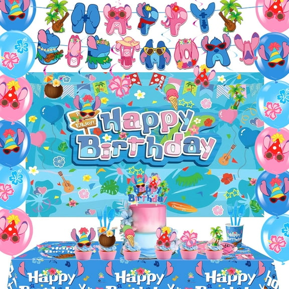 132pcs Cartoon Stitch party supplies include banners, plates, cups, balloons, hanging swirls, backdrops, cake toppers, tablecloths, etc. Stitch birthday theme party decorations for boys and girls