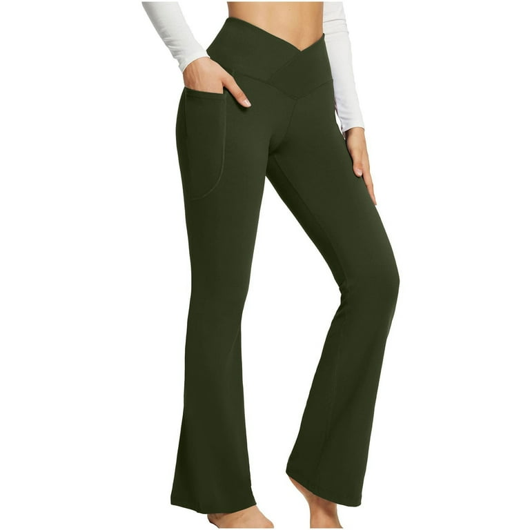 Yoga Pants with Pockets for Women Casual V Cross High Waist Butt Lifting  Pants Wide Leg Flare Bootcut Leggings