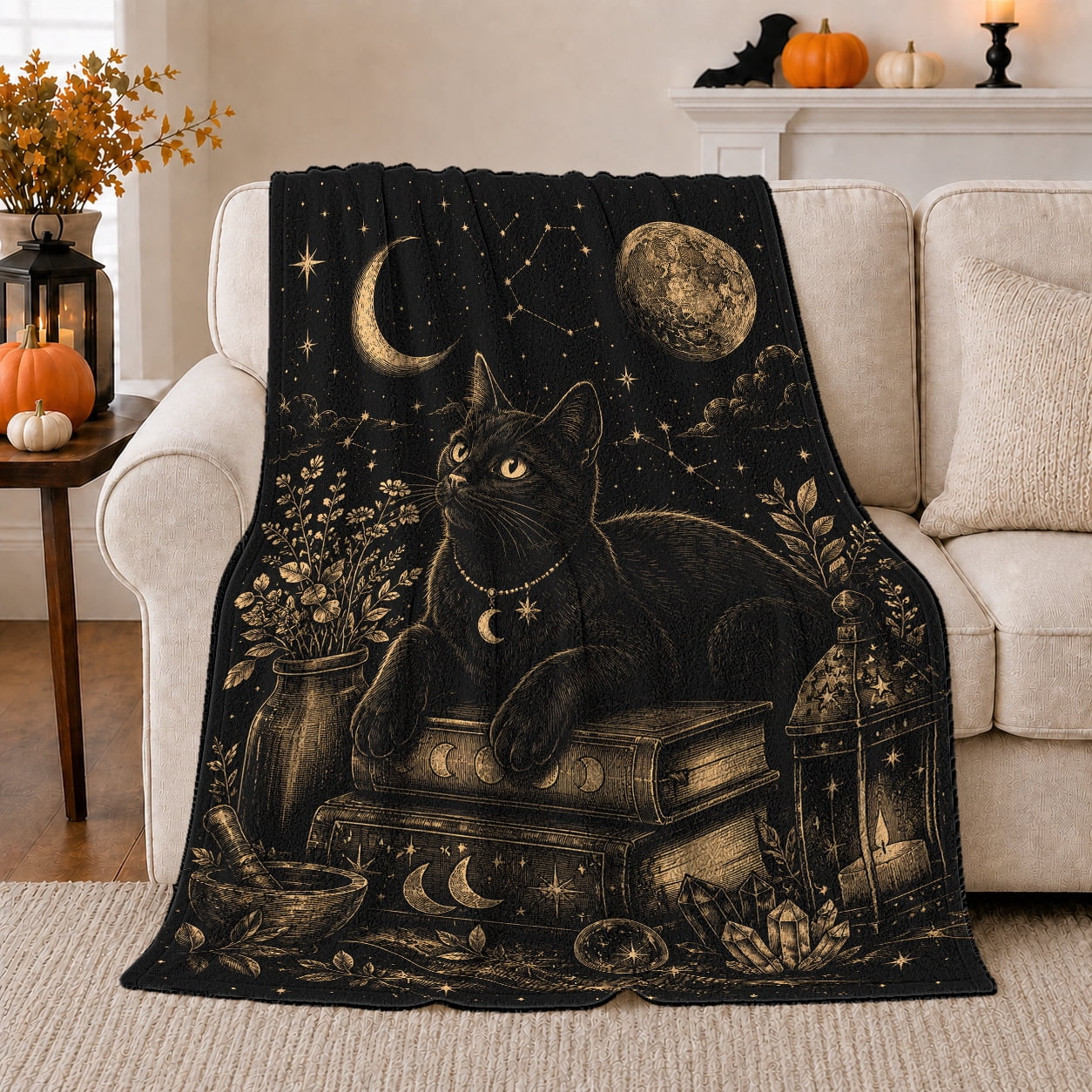 Mystical Black Cat Celestial Book Stack Moon Scene Mystical Pet Portrait Pattern Warm Flannel Blanket for Living Room and Bedroom Cat Lovers Valentine s Day Gift Pet Lover Home Decor