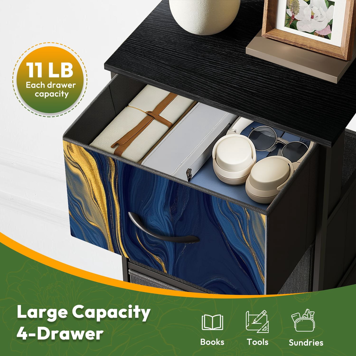 Kanworse 4 Drawer Fabric Dresser for Bedroom luxury Blue marble gold abstract texture Chests of Drawers for Closet Organizers Storage