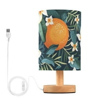 Orange Flowers Leaves Table Lamp USB Bedside Desk Nightstand Lamp Printed Gifts Small Lamp Wood Base for Bedroom Living Room Kids Room College Dorm