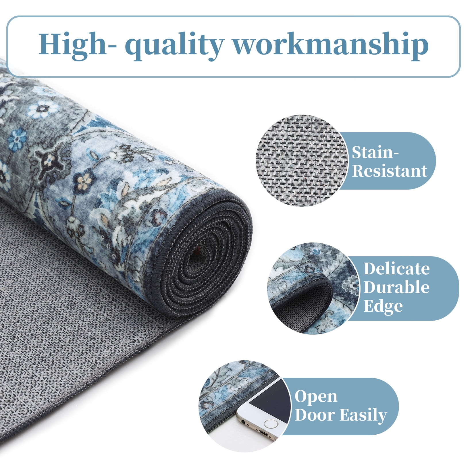 Hasoo 2' x 6' Runner Rug for Hallway Traditional Indoor Rug Machine Washable Bedside Carpet, Gray/Blue