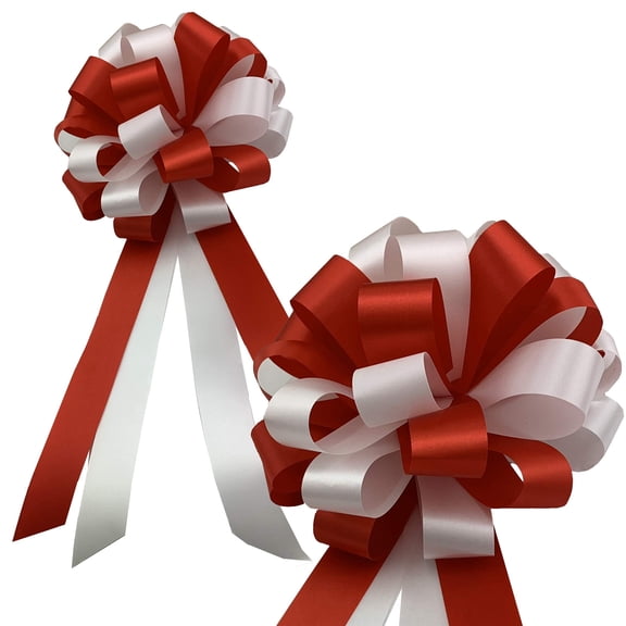 Red & White Pull Bows - 8" Wide, Set of 6, Memorial Day, 4th of July, America 250 Anniversary, Wedding Pew Bows, Mother's Day, Wreath, Fundraiser, Gift Basket, USA Patriotic, Team Colors, Birthday