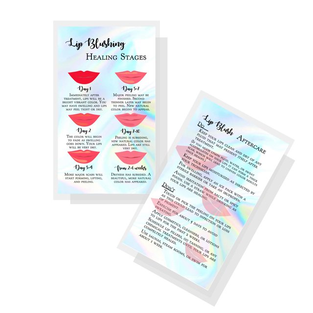 Tarjeta de instrucciones sobre las etapas de curación y cuidados posteriores del rubor labial | Paquete de 50 | Tamaño de tarjeta de visita de 2 x 3,5 pulgadas | Colorete de labios Brillo de labios Ti
