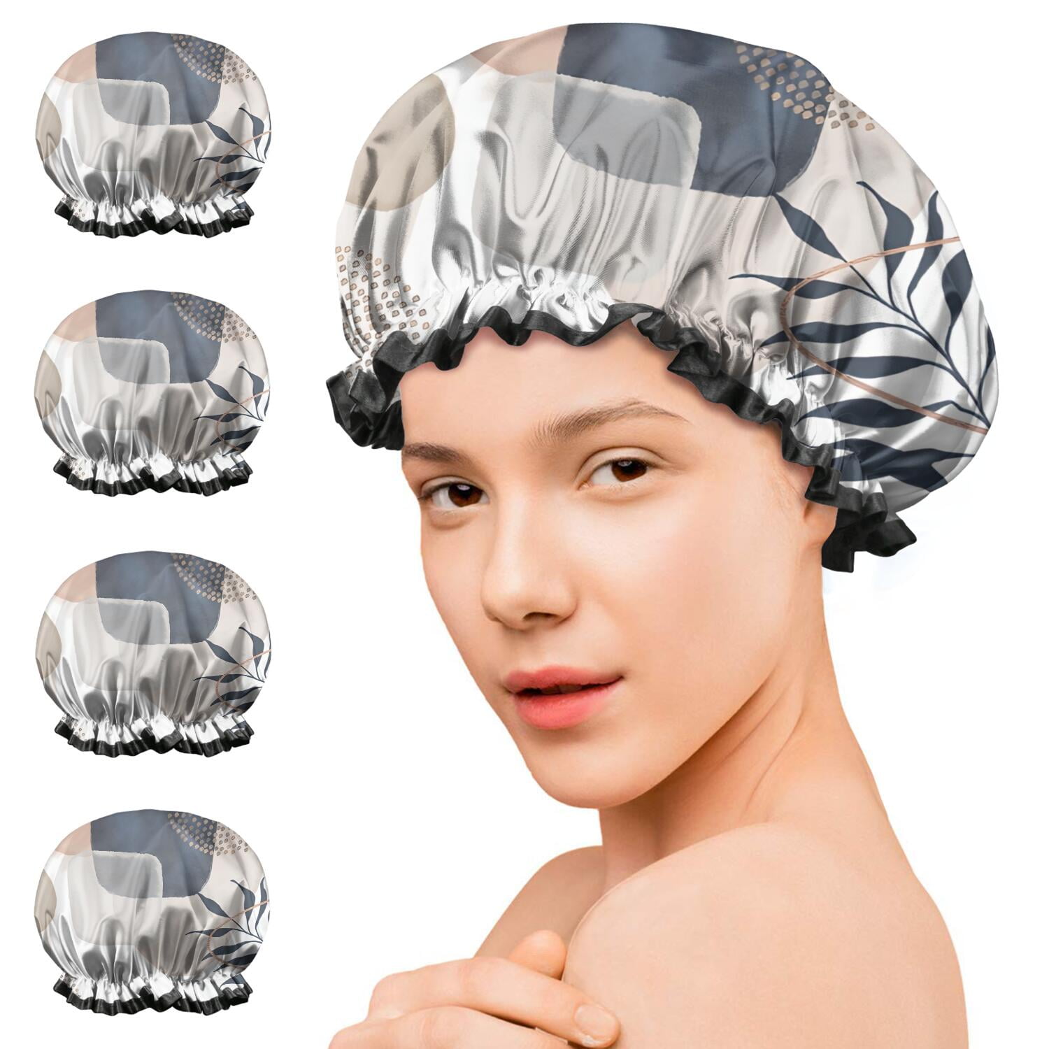 Shower Caps,Blue Boho Abstract and Plant Pattern Waterproof Shower Cap for Women 4 Pieces,Double Reusable Hair Cover for Shower PEVA Elastic Stretch Hem