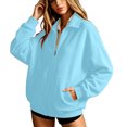 thumbnail image 2 of Women's Solid Full Zip High Collar Sweatshirt Long Sleeve Loose Casual Zip up Jacket with Pockets Lightweight Hoodless Outerwear Tops Light Blue, 2 of 6