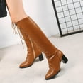 thumbnail image 4 of PiGOGI Women's Winter Knee-High Boots Pointed Toe Lace-Up Back Zipper Thick Heel Boots for Women Brown 43, 4 of 6