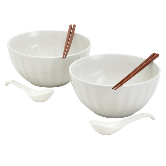 Infuse 8 Piece Ceramic Ramen Bowl Set with Chopsticks and Spoons, White