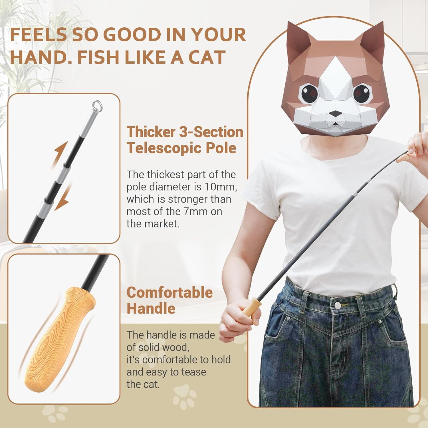 Cat Teaser Wand Toys, Interactive Bird Toys for Indoor Kittens, 42.15’’ Long Cat Fishing Pole Toys, 2Pcs Wires and 5Pcs Natural Refills, Sustainable Wooden Handles, Exercising, Playing