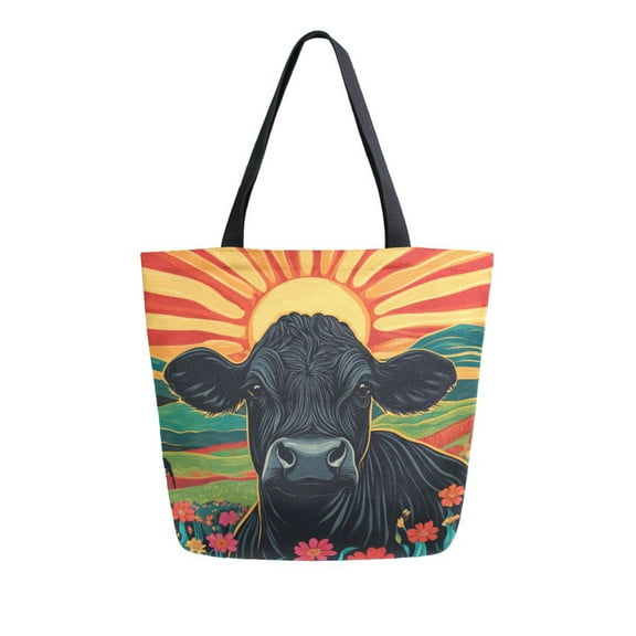 Durable Canvas Tote Bag with Zip Pocket Bags for Woman Shoulder Versatile Carryall for Everyday Use A Black Cow