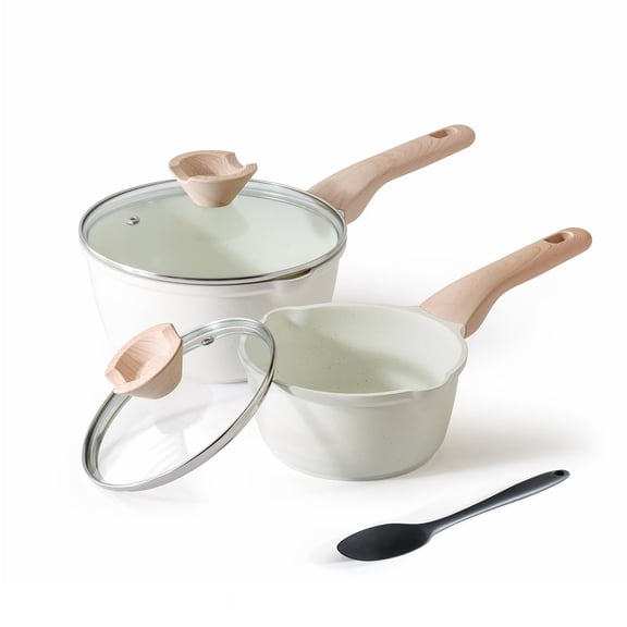 White Granite Coated Saucepan Set with Glass Lid, 1.5Qt & 2.5Qt, Nonstick