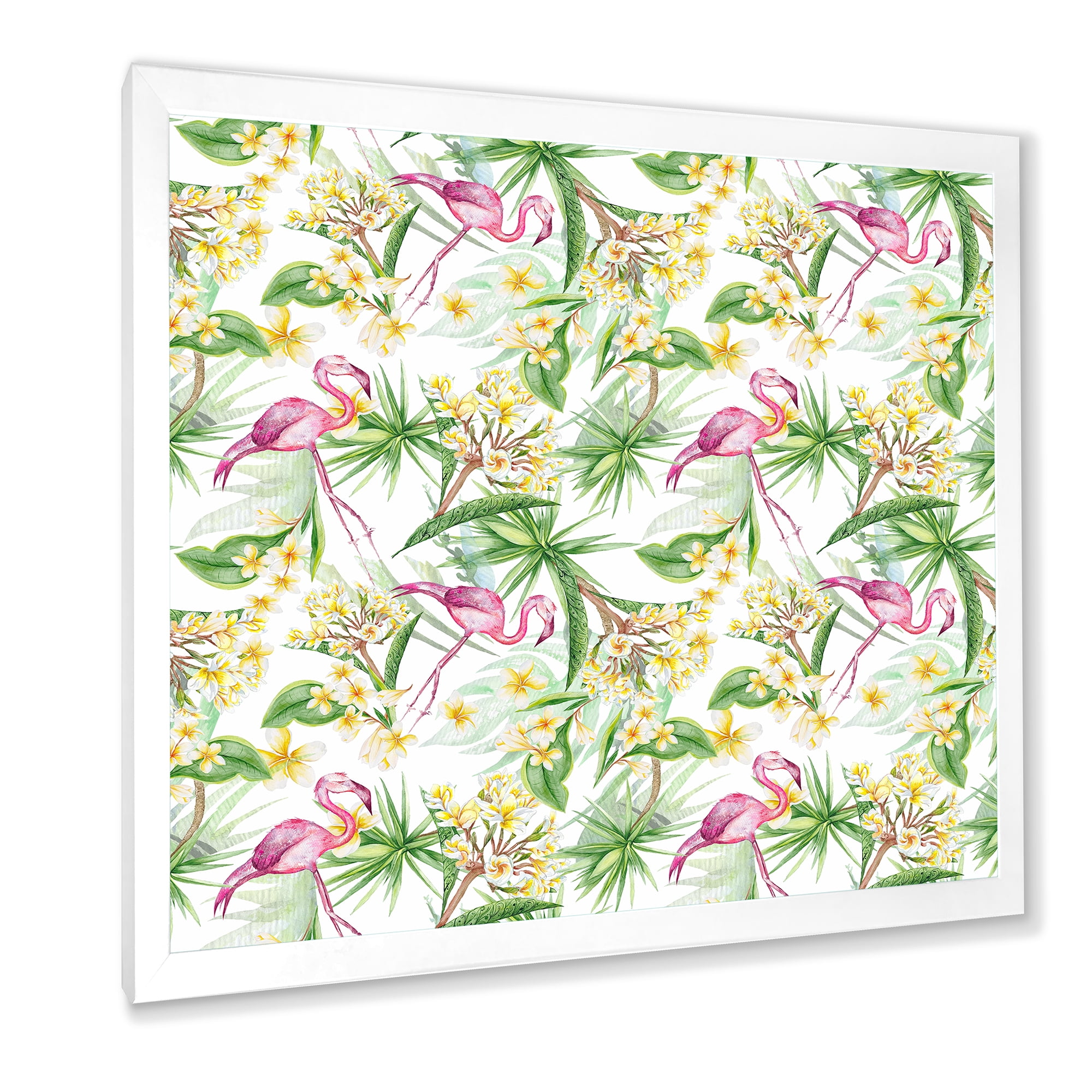 Designart 'Yellow Flowers, Tropical Foliage With Flamingo IV' Modern Framed Art Print