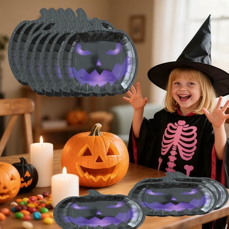 Gallickan 10 Pack 9-Inch Pumpkin Shaped Halloween Paper Plates Spooky Disposable Tableware for Party Appetizers Dinner