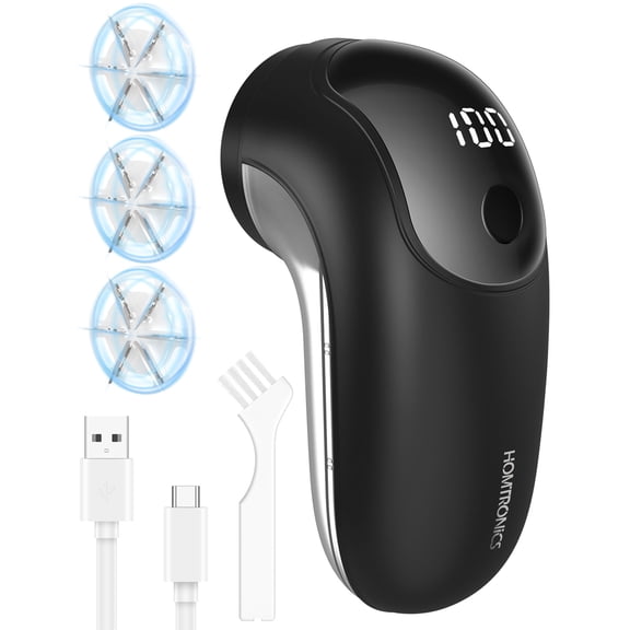 Homtronics Electric Fabric Shaver Lint Remover - 1200mAh Rechargeable, 6-Leaf Blades, 3 Speeds, LED Display, Safety Lock for Clothing Furniture, Black