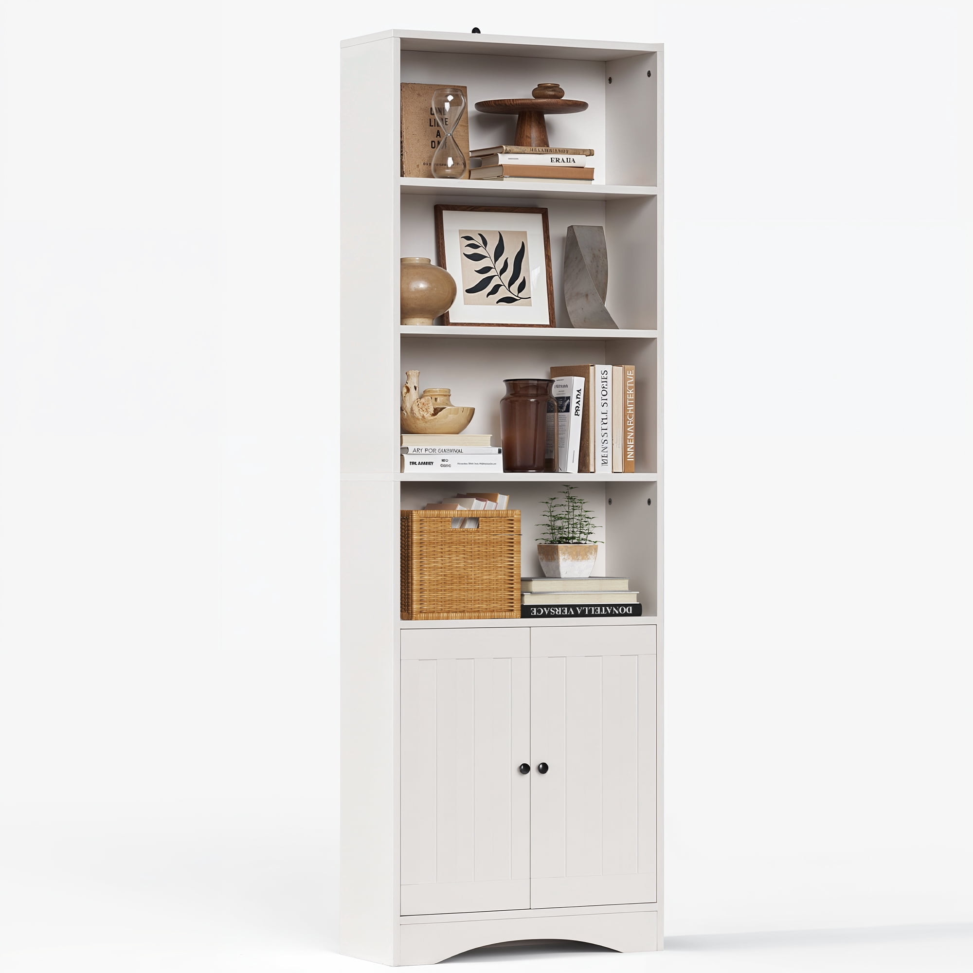 Tall Bookshelf, Lofka Bookcase with Doors , 4 Tier Storage Bookshelf for Home Office, Living Room, White