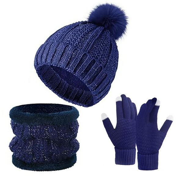 WJHWSX 3PC Women Winter Hat Gloves Scarf Set,Touch Screen Gloves,Soft,Fleece,Cold Resistant,Solid,Acrylic,Blue,Free Size