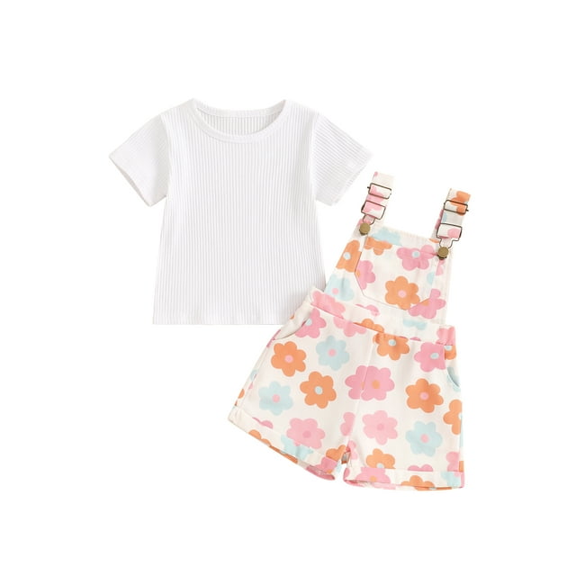 SUNSIOM Toddler Girl Summer Outfit Ribbed Short Sleeve Tops + Flower Print Suspender Shorts Overalls Cute Clothes