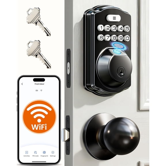 Veise VE012W-K WiFi Fingerprint Smart Lock with 2 Knob Set, Matte Black | Remote APP Control, Built-in WiFi, Voice Control, Real-time Alert, Auto Lock, Back-Lit Keypad, Smart Deadbolt for Front Door
