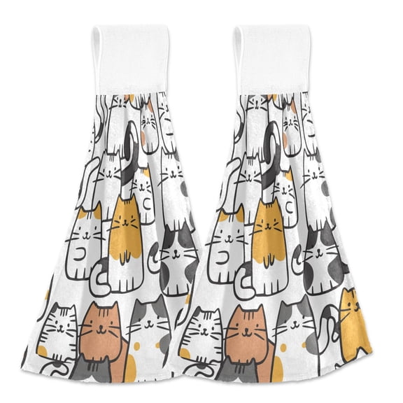 2 Pcs Kitchen Hand Towels with Hanging Loops Absorbent Soft Fast Drying Decor Bath Towels Cartoon Line Cats