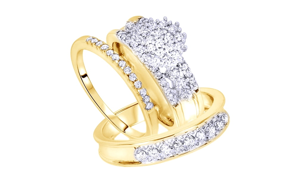 White Natural Diamond Engagement & Wedding Trio Bridal Ring Set In 10k